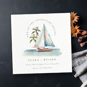 Elegant Dusky Teal Sailboat Palm Seascape Wedding  Napkin