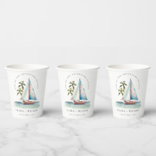 Elegant Dusky Teal Sailboat Palm Seascape Wedding Paper Cups