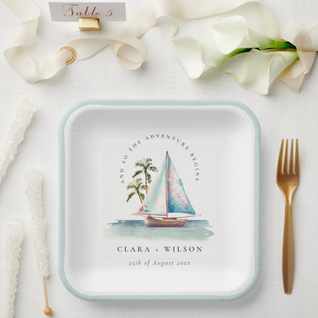 Elegant Dusky Teal Sailboat Palm Seascape Wedding  Paper Plate (Wedding)
