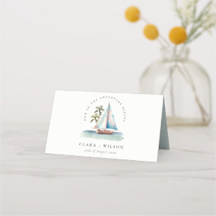 Elegant Dusky Teal Sailboat Palm Seascape Wedding  Place Card