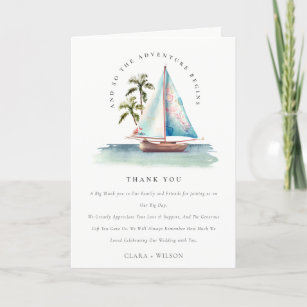 Elegant Dusky Teal Sailboat Palm Seascape Wedding  Thank You Card