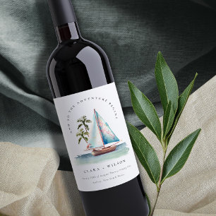 Elegant Dusky Teal Sailboat Palm Seascape Wedding Wine Label