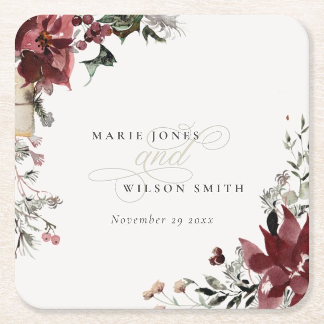 Elegant Dusky Warm Winter Festive Foliage Wedding Square Paper Coaster (Front)