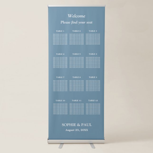 Elegant Dusty Blue 12 Table Wedding Seating Chart Retractable Banner (Front)