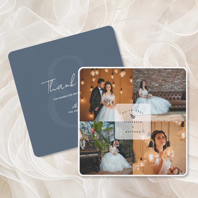 Elegant Dusty Blue 4 Photo Collage Wedding Thank You Card (Creator Uploaded)