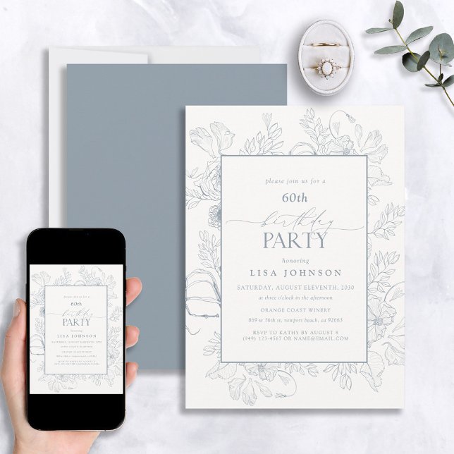 Elegant Dusty Blue 60th Birthday Floral Line Art Invitation (Creator Uploaded)