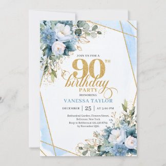 Elegant Dusty Blue 90th Birthday Floral Script  Invitation