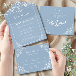 Elegant Dusty Blue All In One Wedding Invitation