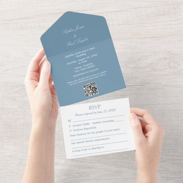 Elegant Dusty Blue All in One Wedding Invite (Tearaway)