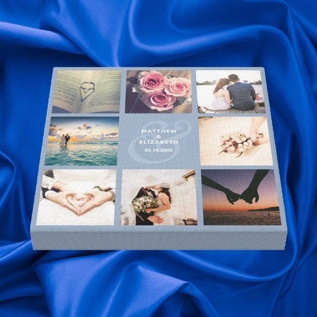 Elegant Dusty Blue Ampersand Wedding Photo Collage Canvas Print (Creator Uploaded)