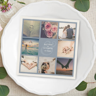 Elegant Dusty Blue Ampersand Wedding Photo Collage Napkin