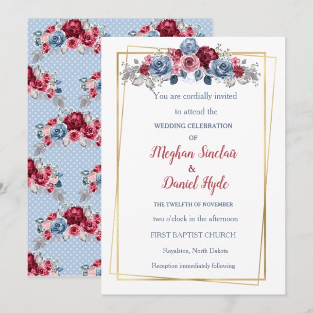 Elegant Dusty Blue and Burgundy Wedding Invitation (Front/Back)