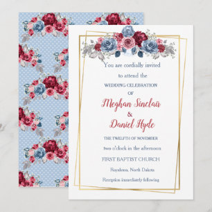 Elegant Dusty Blue and Burgundy Wedding Invitation