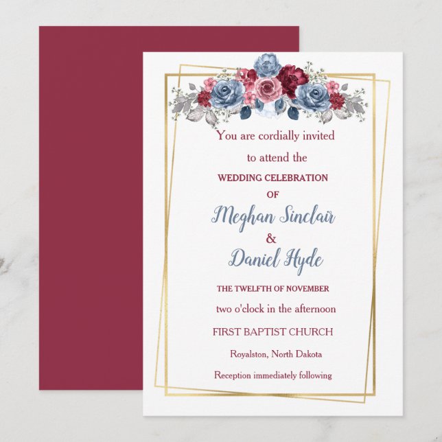 Elegant Dusty Blue and Burgundy Wedding  Invitation (Front/Back)