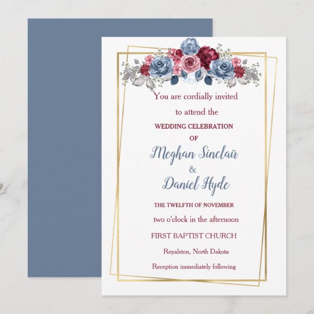 Elegant Dusty Blue and Burgundy Wedding Invitation (Front/Back)