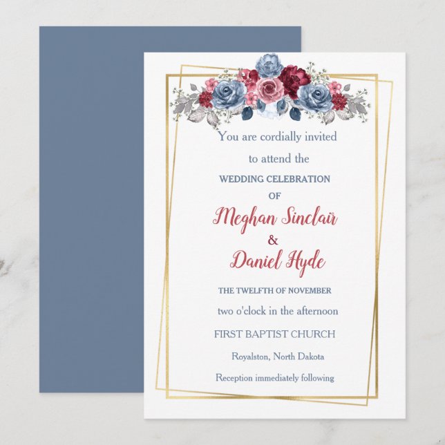 Elegant Dusty Blue and Burgundy Wedding  Invitation (Front/Back)