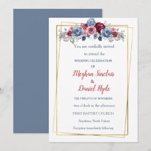 Elegant Dusty Blue and Burgundy Wedding  Invitation