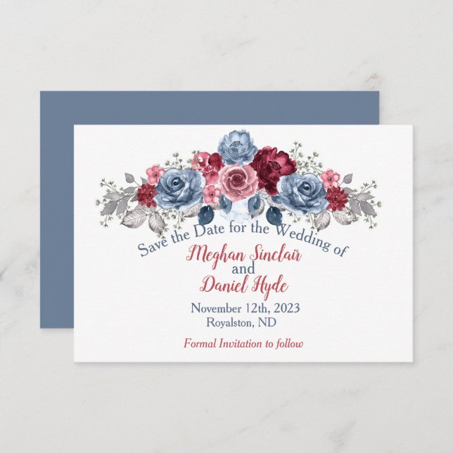 Elegant Dusty Blue and Burgundy Wedding  Save The Date (Front/Back)