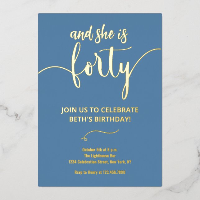 Elegant  Dusty Blue and Gold 40 BIRTHDAY CARD (Front)