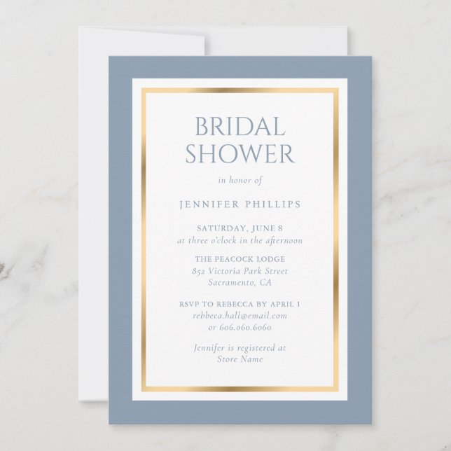 Elegant Dusty Blue and Gold Bridal Shower Invitation (Front)