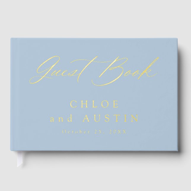 Elegant Dusty Blue and Gold Calligraphy Wedding Guest Book (Front)