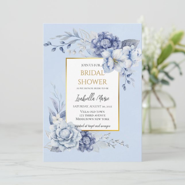 Elegant Dusty Blue and Gold Floral Bridal Shower Invitation (Standing Front)