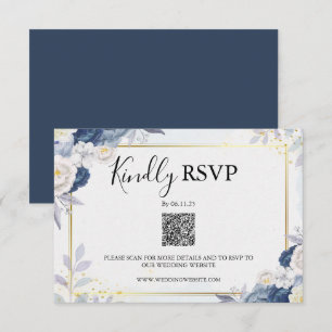 Elegant Dusty Blue and Gold Floral Rsvp Qr Code Card