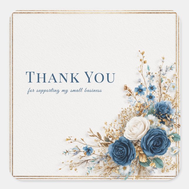 Elegant Dusty Blue and Gold Floral Thank You Square Sticker (Front)