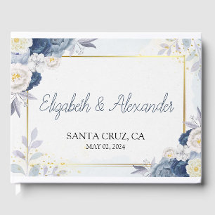 Elegant Dusty Blue and Gold Floral Wedding Guest Book