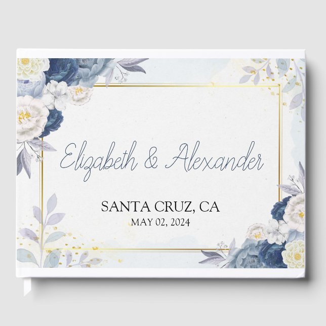 Elegant Dusty Blue and Gold Floral Wedding Guest Book (Front)