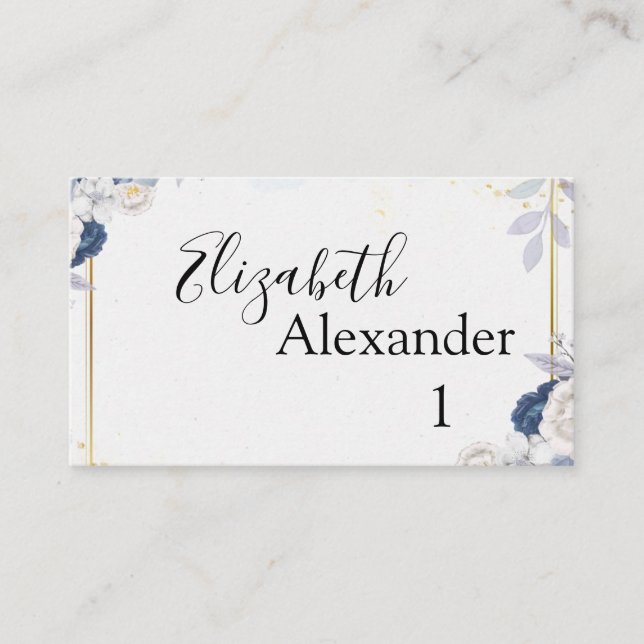 Elegant Dusty Blue and Gold Floral Wedding Place Card (Front)