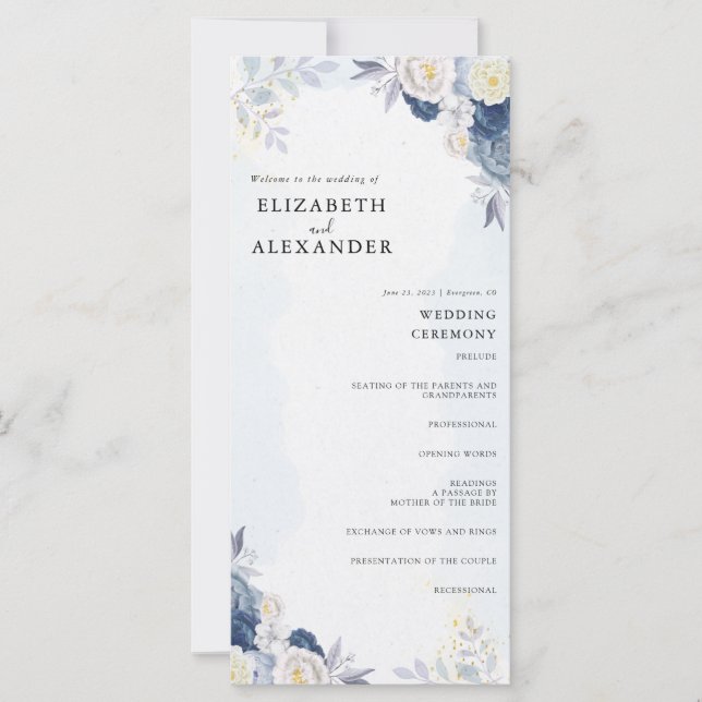 Elegant Dusty Blue and Gold Floral Wedding Program (Front)