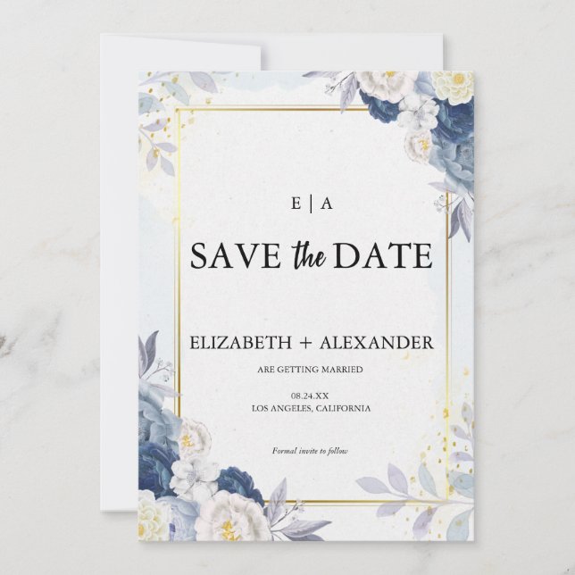 Elegant Dusty Blue and Gold Floral Wedding Save The Date (Front)