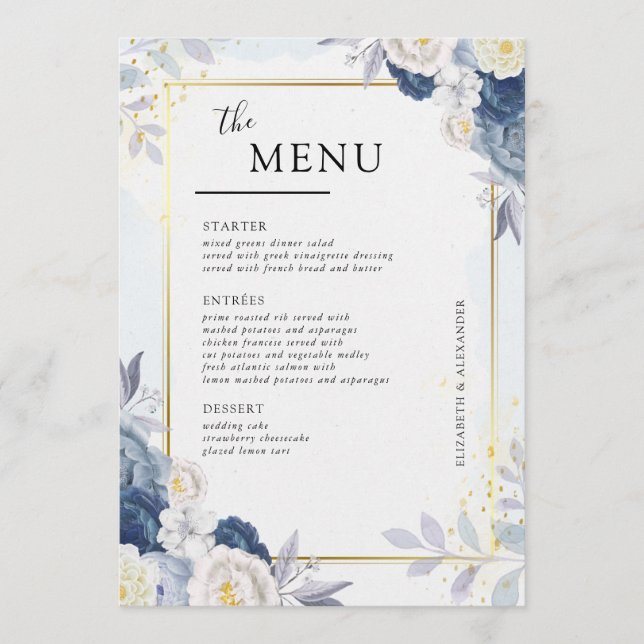Elegant Dusty Blue and Gold Floral Wedding Table  Menu (Front)