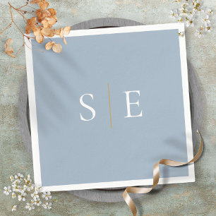 Elegant Dusty Blue And Gold Monogram Minimalist Napkin