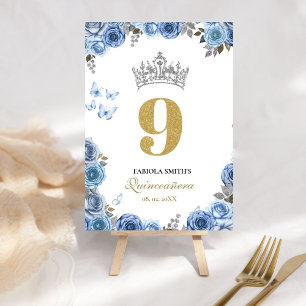 Elegant dusty blue and  gold quinceanera  table number