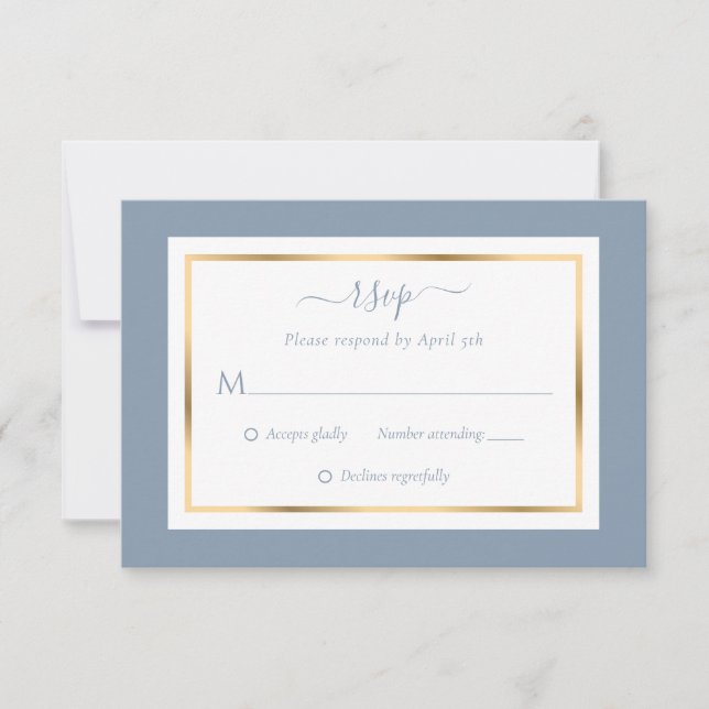 Elegant Dusty Blue and Gold Wedding RSVP Card (Front)