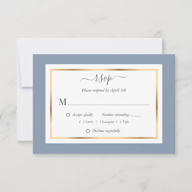 Elegant Dusty Blue and Gold Wedding RSVP Cards (Front)