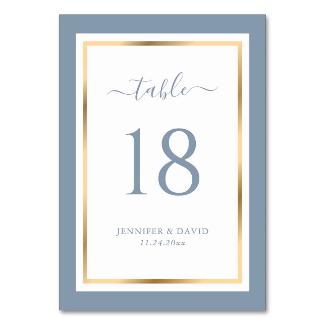 Elegant Dusty Blue and Gold Wedding Table Number (Front)