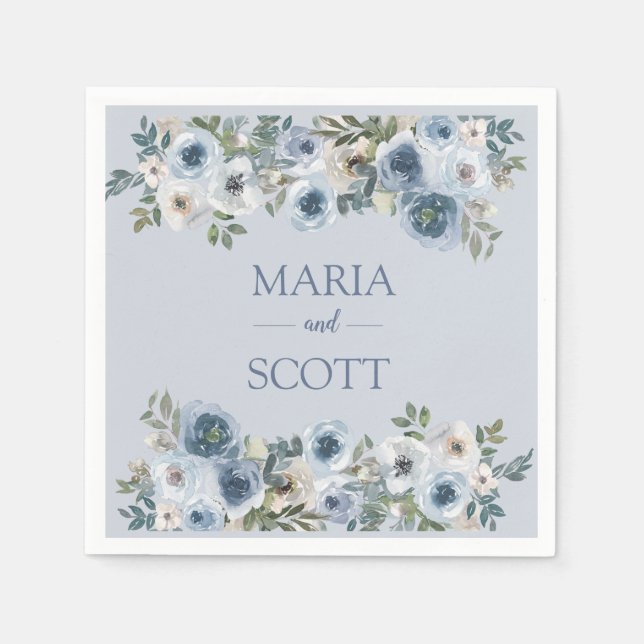 Elegant Dusty Blue And Grey Floral Wedding  Napkin (Front)