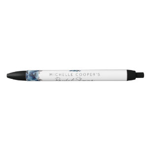 Elegant Dusty Blue and Navy Floral Black Ink Pen