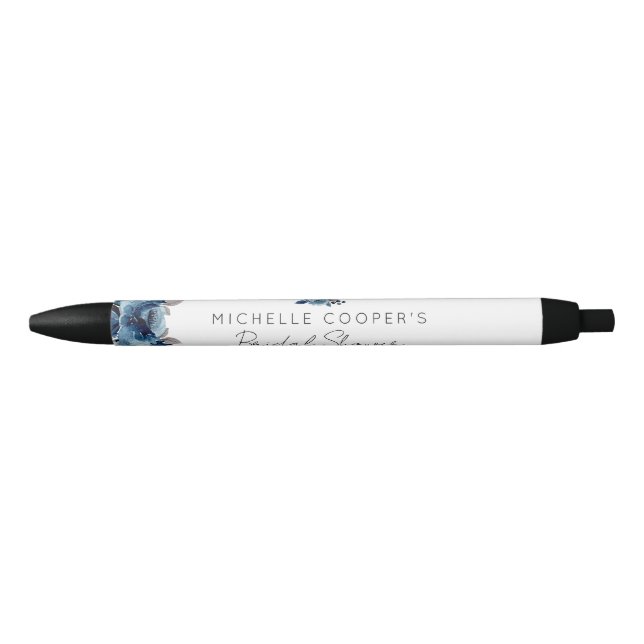 Elegant Dusty Blue and Navy Floral Black Ink Pen (Front)