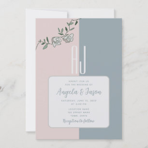 Elegant Dusty Blue and Pink Floral Photo Wedding  Invitation