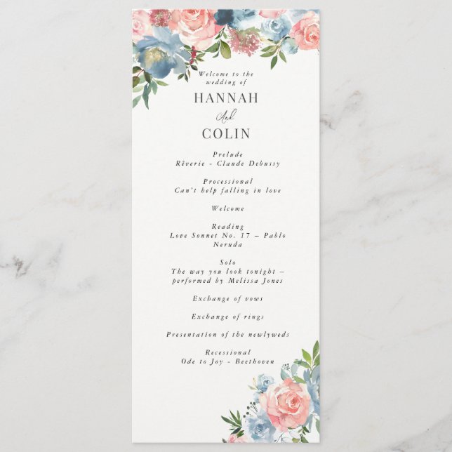 Elegant Dusty Blue and Rose Floral Swag Programme (Front)