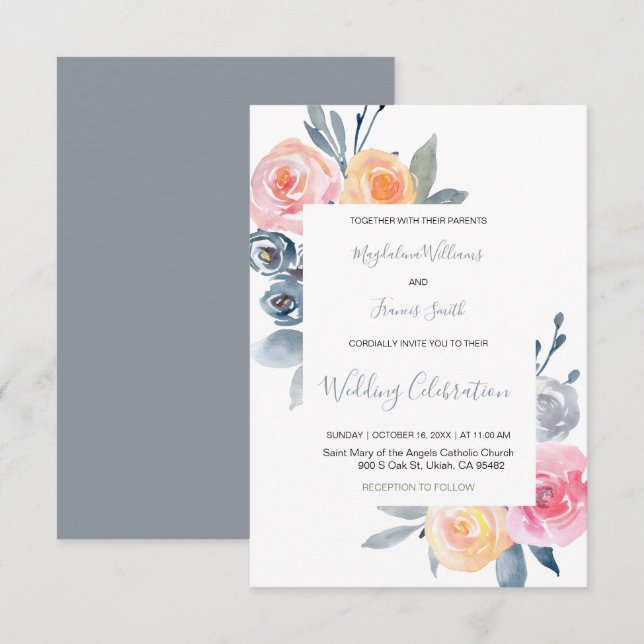 elegant dusty blue and rose pink wedding invitation (Front/Back)