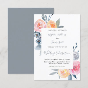 elegant dusty blue and rose pink wedding invitation