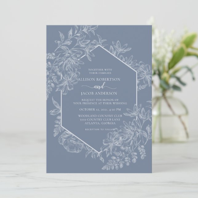Elegant Dusty Blue and White Floral Wedding Invitation (Standing Front)