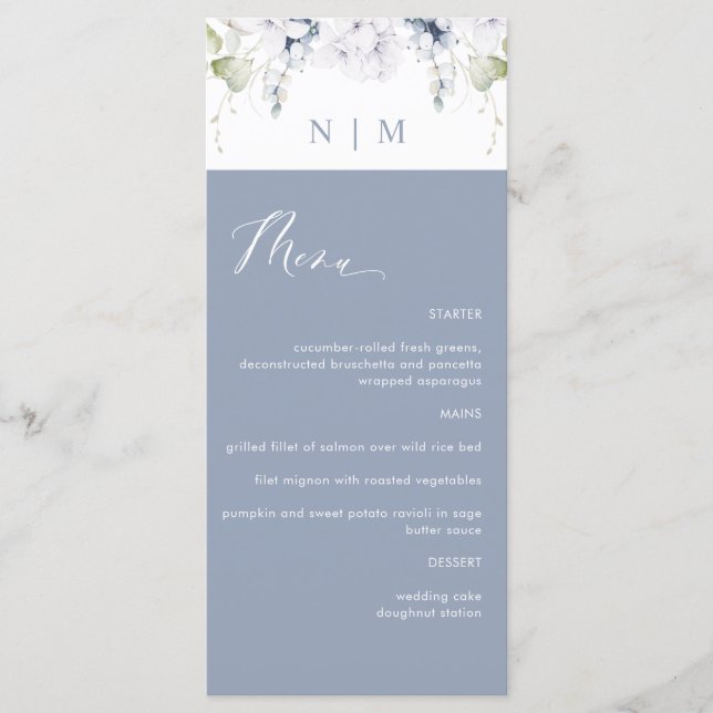 Elegant Dusty Blue and White Floral Wedding Menu (Front)