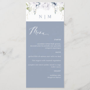 Elegant Dusty Blue and White Floral Wedding Menu