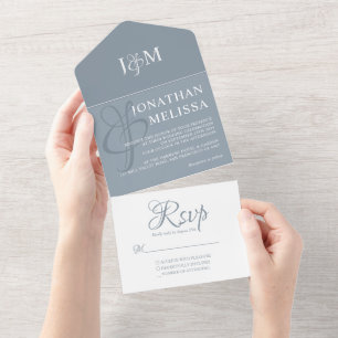 Elegant Dusty Blue and White Monogram Wedding  All In One Invitation